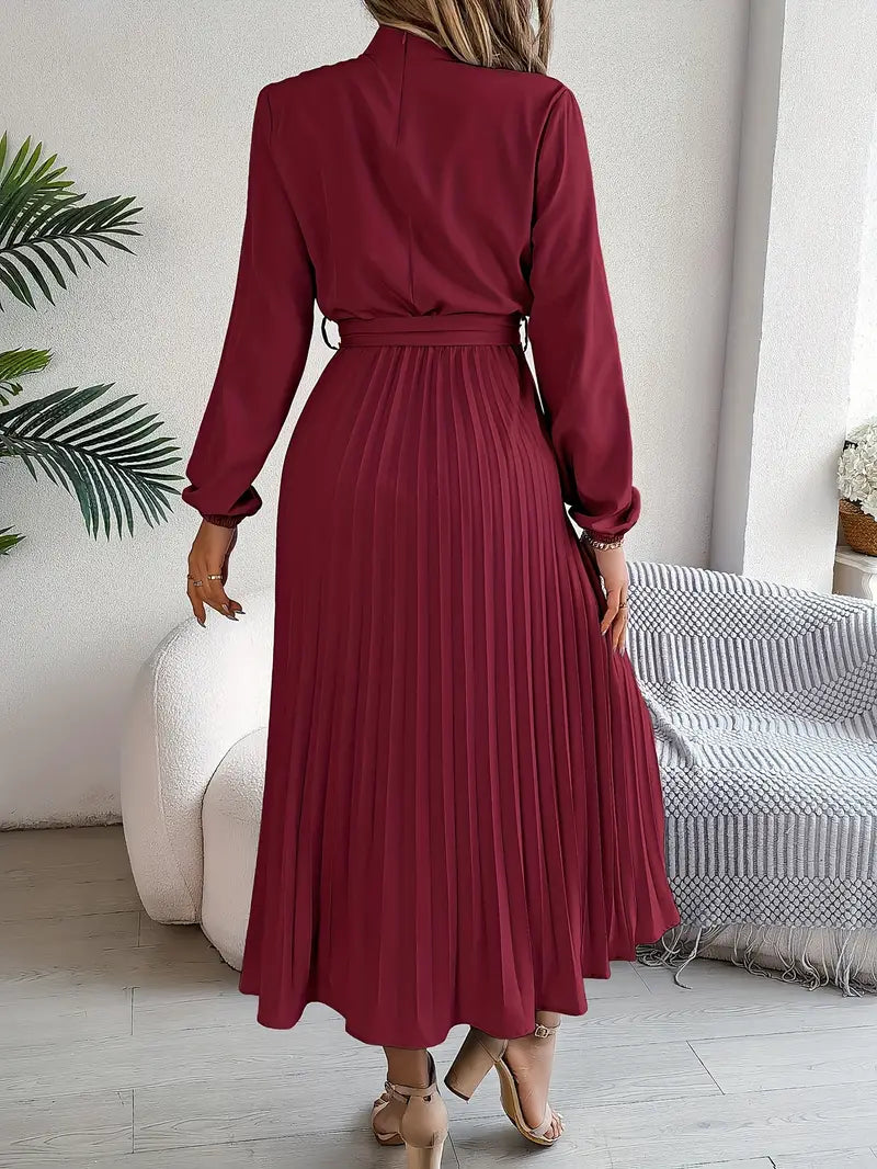 Layla - Vestido de color liso con cuello alto y cinturón plisado