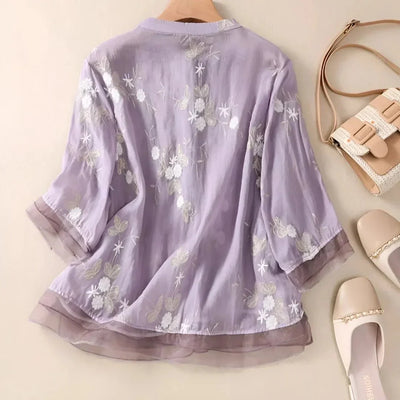 Camicetta elegante da donna ricamata con maniche a mezza lunghezza