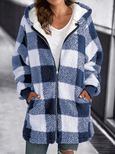 Giacca in pile con cappuccio a quadri e zip oversize