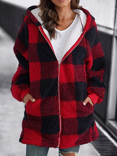Giacca in pile con cappuccio a quadri e zip oversize