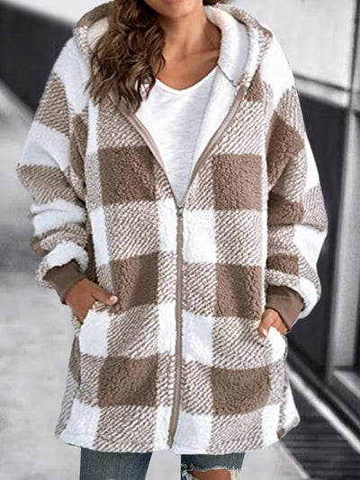 Giacca in pile con cappuccio a quadri e zip oversize
