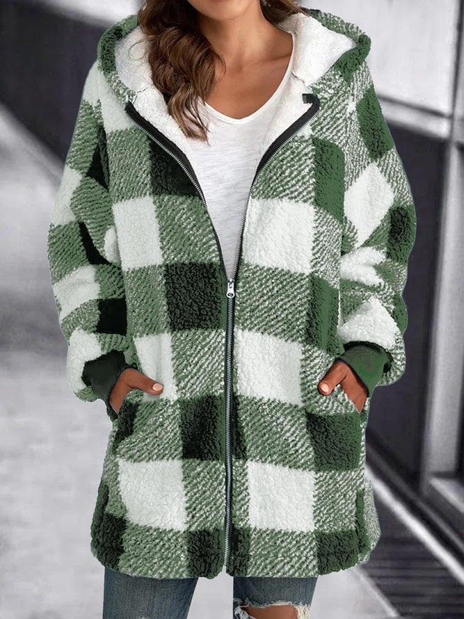 Giacca in pile con cappuccio a quadri e zip oversize