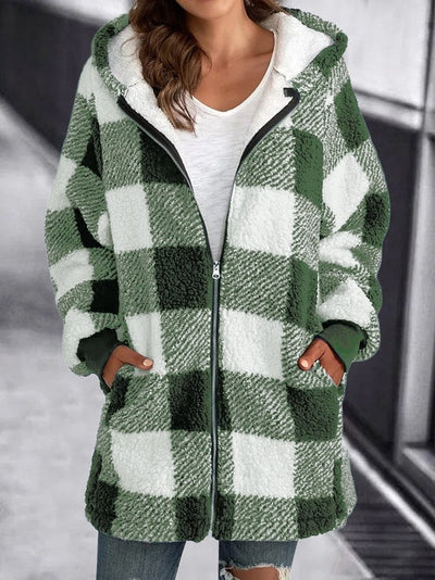 Giacca in pile con cappuccio a quadri e zip oversize
