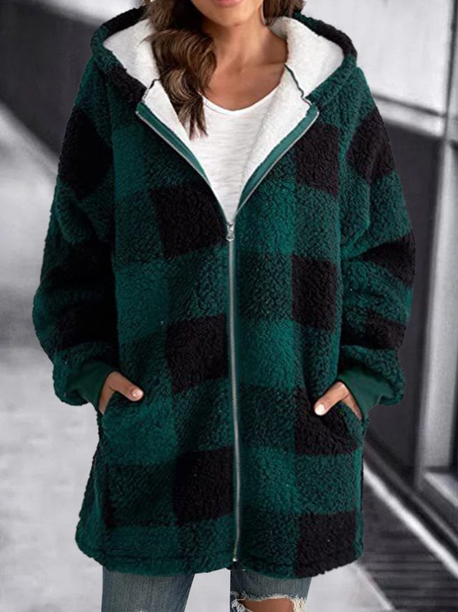Giacca in pile con cappuccio a quadri e zip oversize