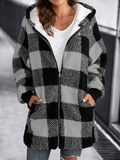 Giacca in pile con cappuccio a quadri e zip oversize