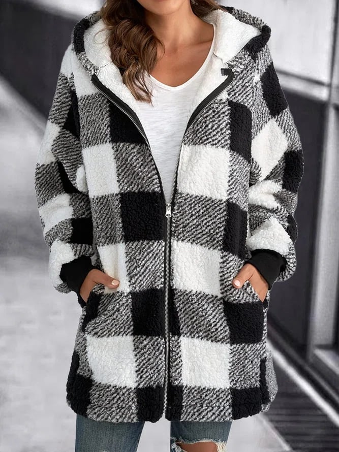 Giacca in pile con cappuccio a quadri e zip oversize