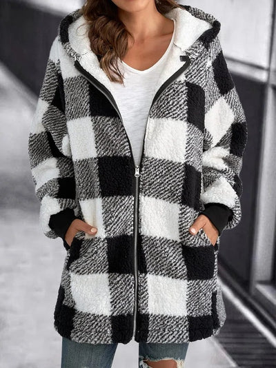 Giacca in pile con cappuccio a quadri e zip oversize