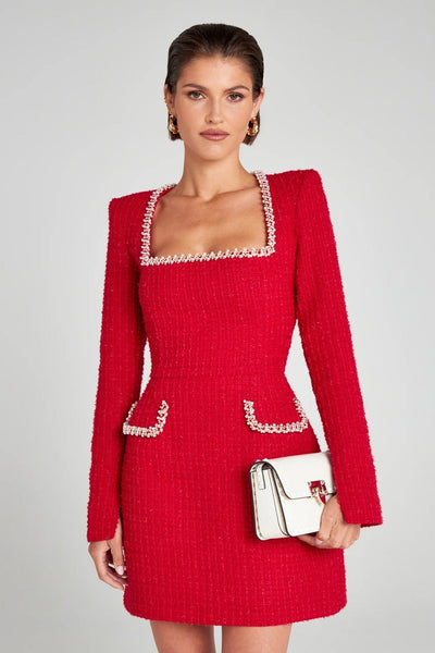 Marion - Elegante vestido de mujer con escote en U y adorno de perlas