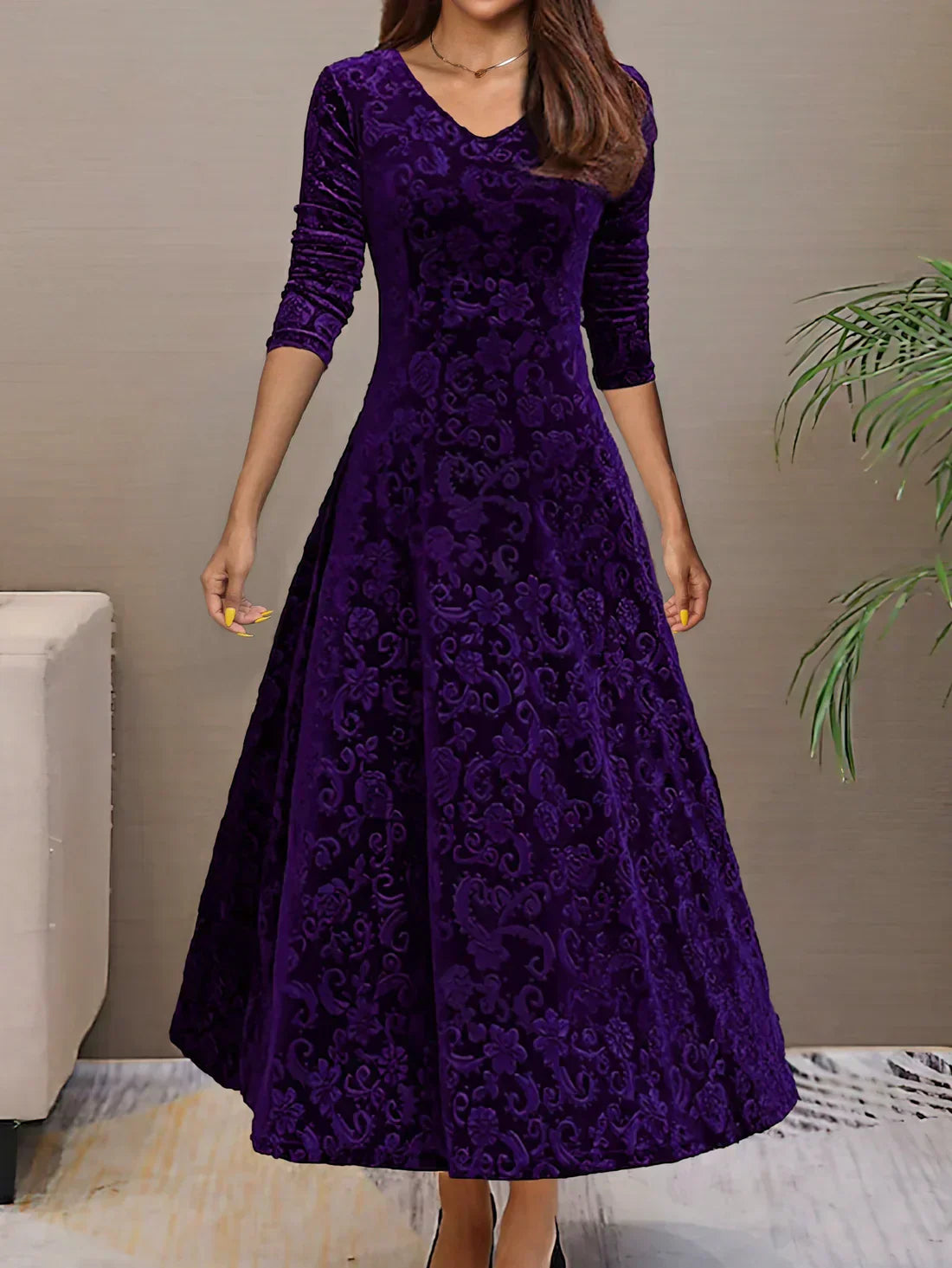 Vestido de terciopelo con escote en V para mujer: ideal para primavera/verano