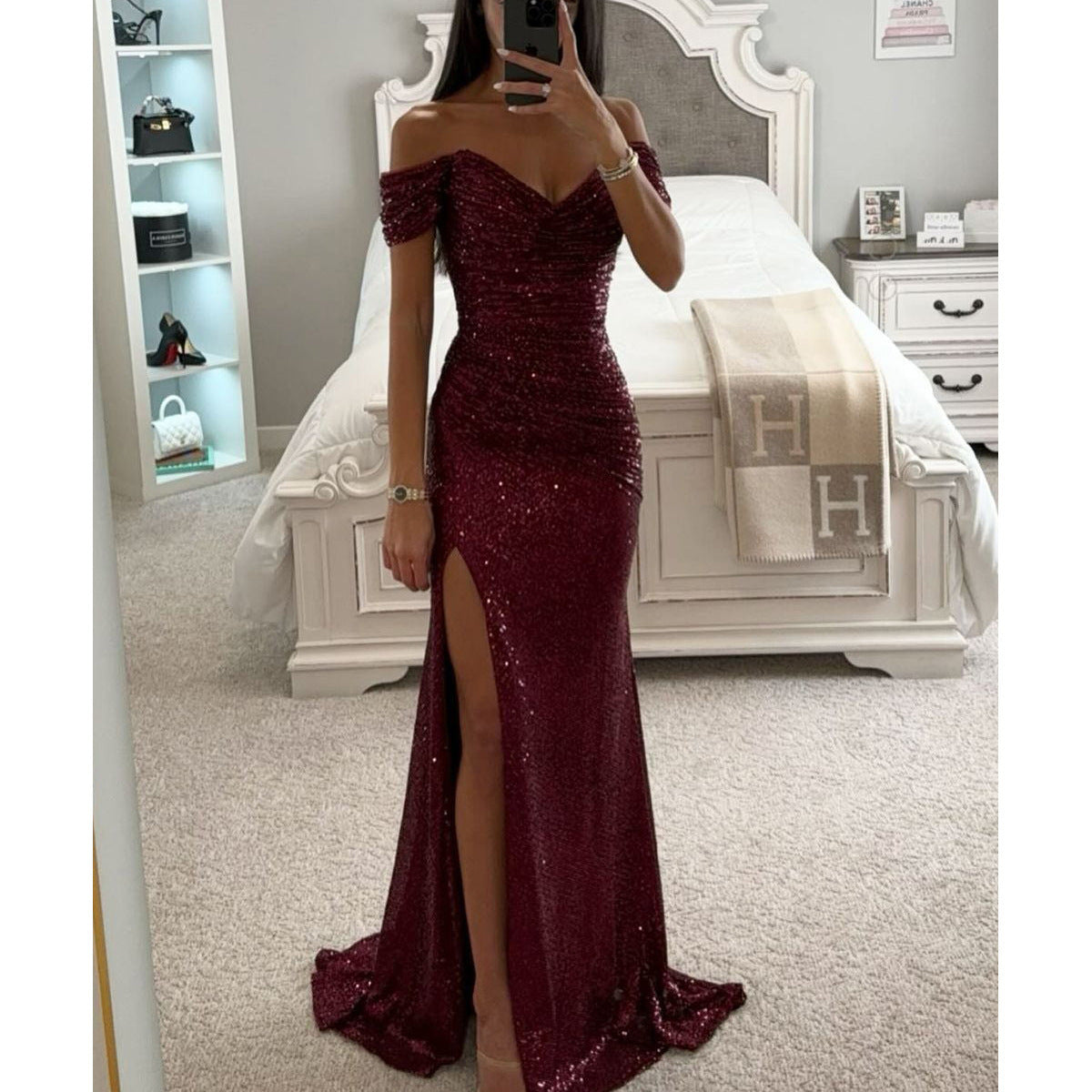Vestido de noche de verano para mujer: largo, escotado y con lentejuelas, ideal para bodas y fiestas.