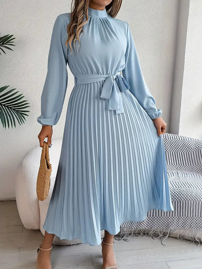 Layla - Vestido de color liso con cuello alto y cinturón plisado