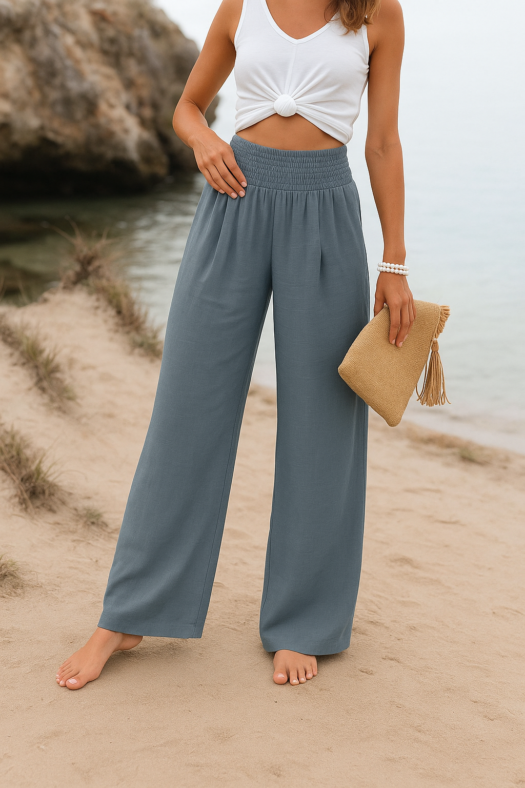 Pantalon d'été pour femme avec tissu large et respirant et taille élastique