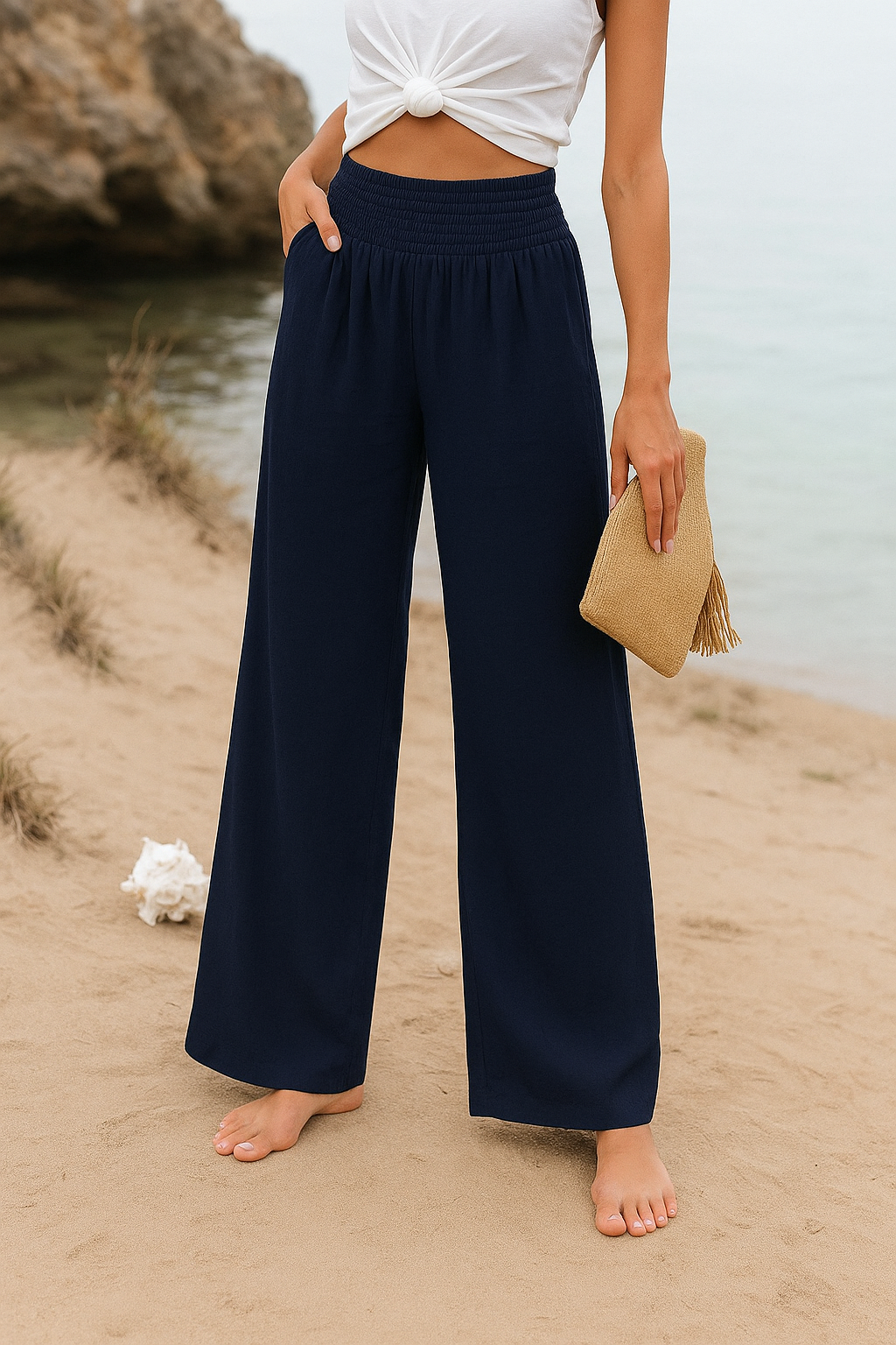 Pantalon d'été pour femme avec tissu large et respirant et taille élastique
