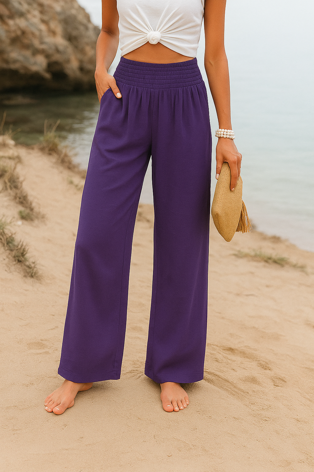 Pantalon d'été pour femme avec tissu large et respirant et taille élastique