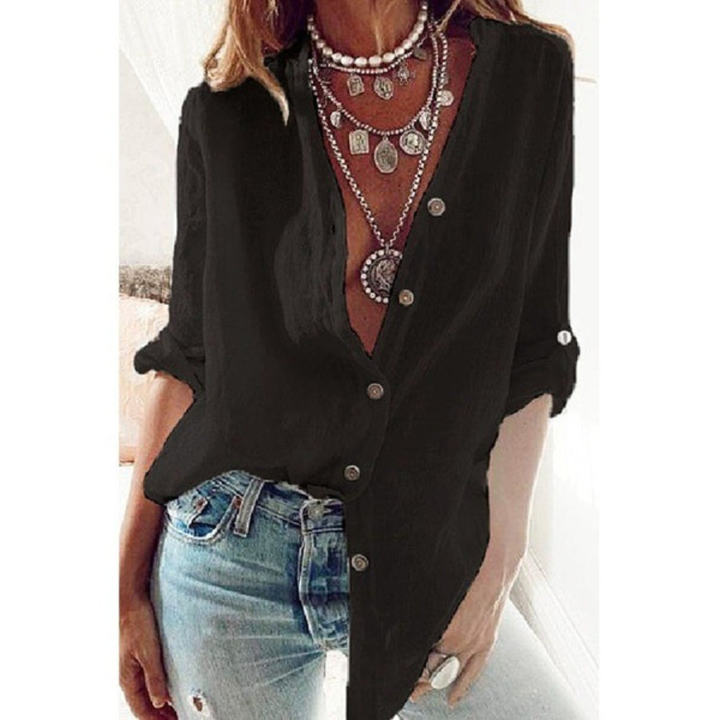 Blusa blanca de algodón y lino con botones para mujer Kamilano