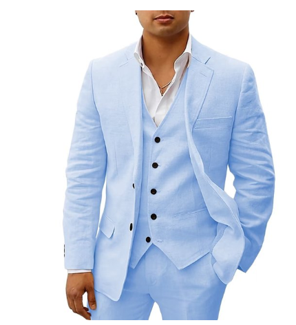 Elegante traje de tres piezas para hombre: ideal para una boda de verano o para vestir de etiqueta.