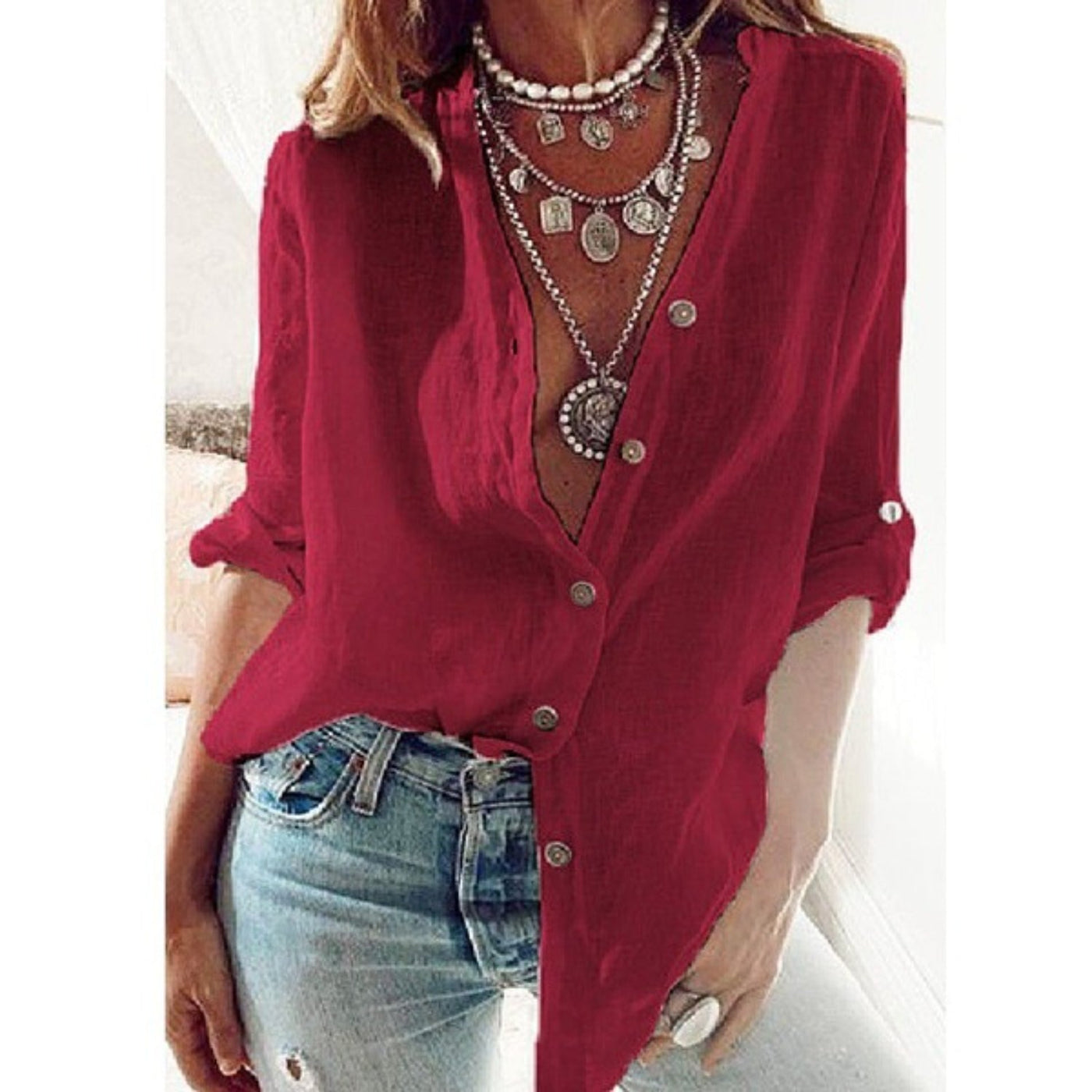 Blusa blanca de algodón y lino con botones para mujer Kamilano