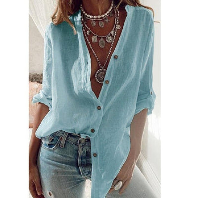 Blusa blanca de algodón y lino con botones para mujer Kamilano