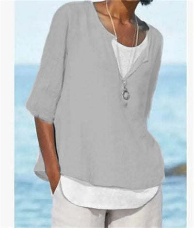 Elegante blusa de lino blanco con cuello redondo para mujer - Tamera