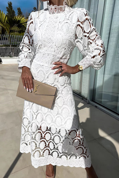 Abito midi in pizzo da donna - Elegante abito a collo alto con maniche lunghe a sbuffo