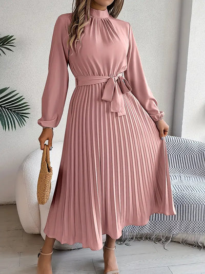 Layla - Vestido de color liso con cuello alto y cinturón plisado