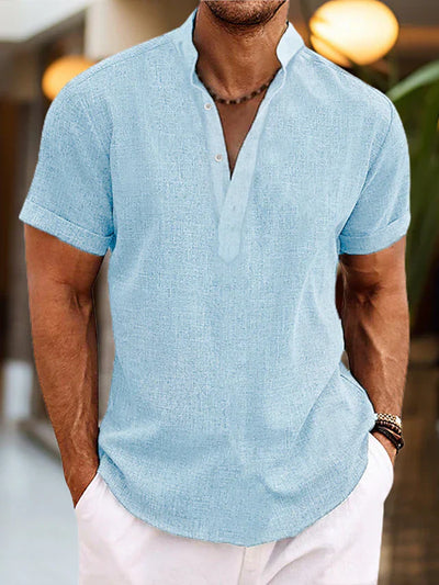 Camicia Silas da uomo in lino - Camicia estiva traspirante con colletto Henley e maniche corte