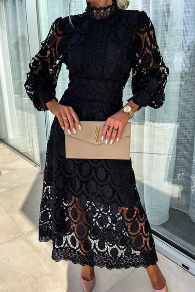 Abito midi in pizzo da donna - Elegante abito a collo alto con maniche lunghe a sbuffo