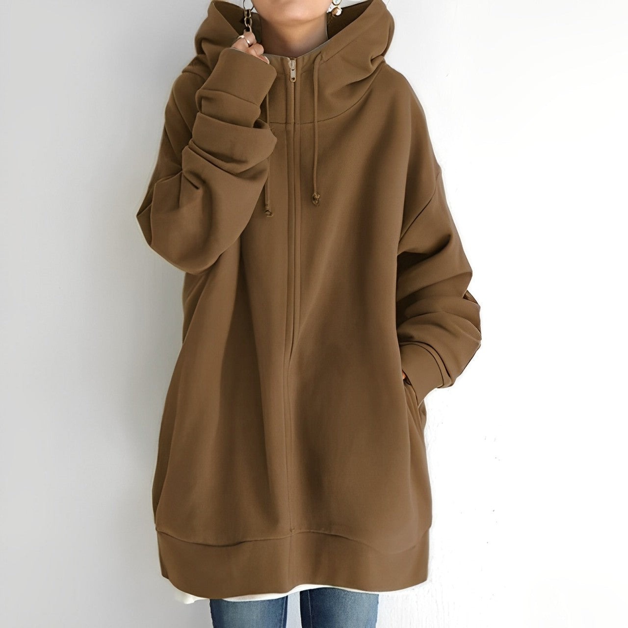 Giacca lunga con cappuccio e coulisse per donna