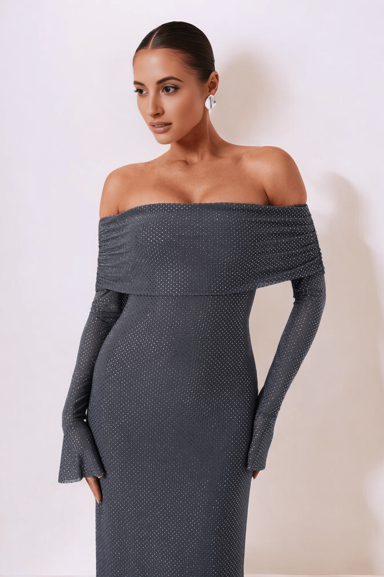 Vestido largo de poliéster con hombros anchos para mujer, ideal para bodas.