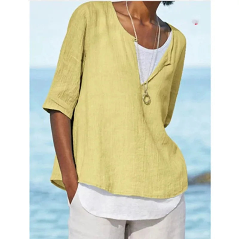 Elegante blusa de lino blanco con cuello redondo para mujer - Tamera
