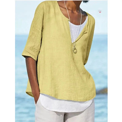 Elegante blusa de lino blanco con cuello redondo para mujer - Tamera