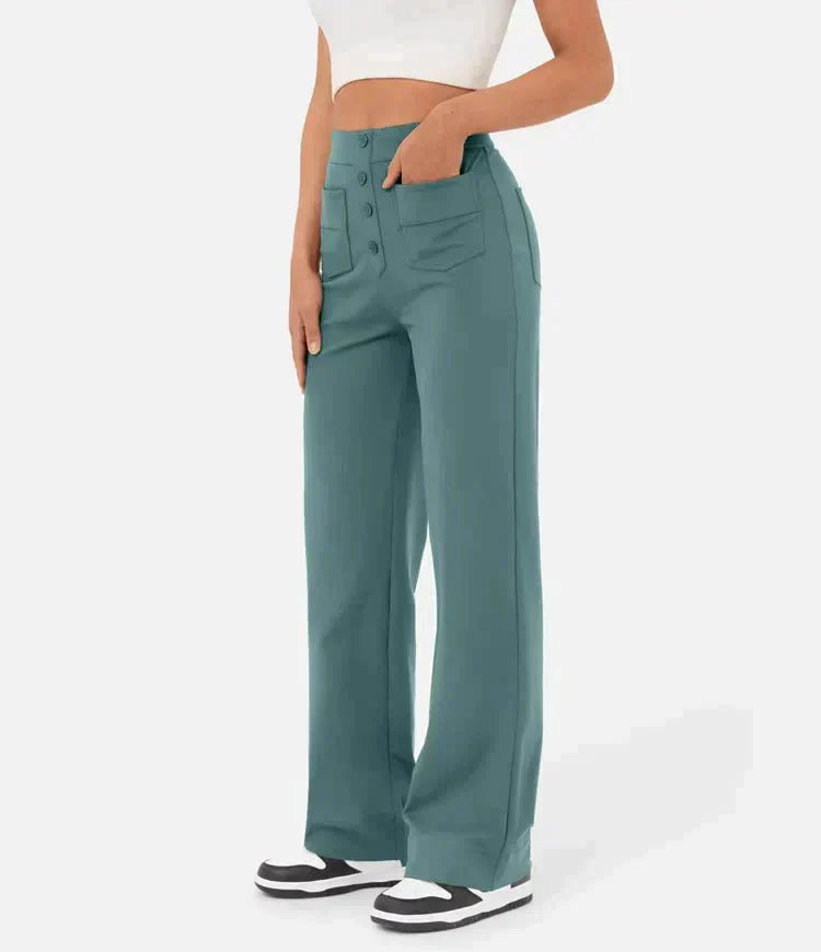 Pantalon féminin à haute teneur en taille avec boutonnage et élastique