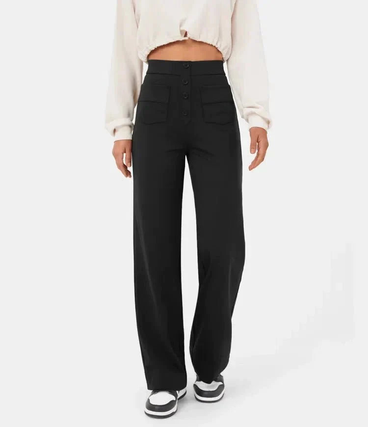 Pantalon féminin à haute teneur en taille avec boutonnage et élastique