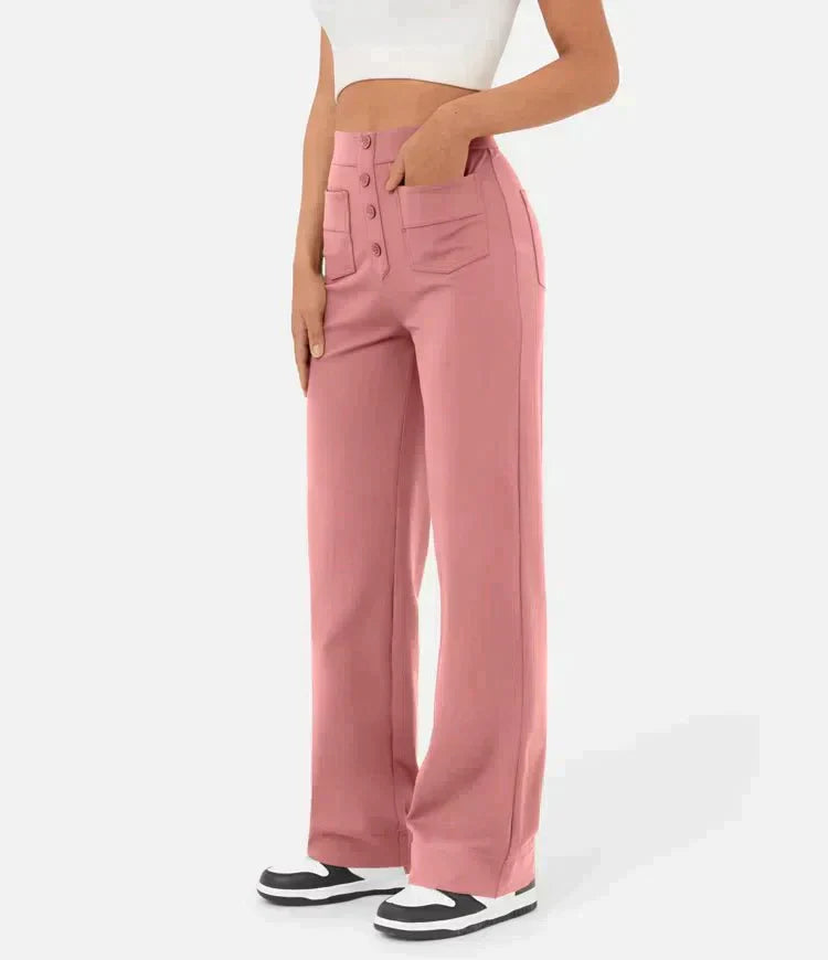 Pantalon féminin à haute teneur en taille avec boutonnage et élastique
