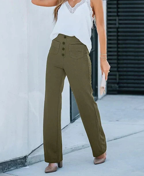 Pantalon féminin à haute teneur en taille avec boutonnage et élastique