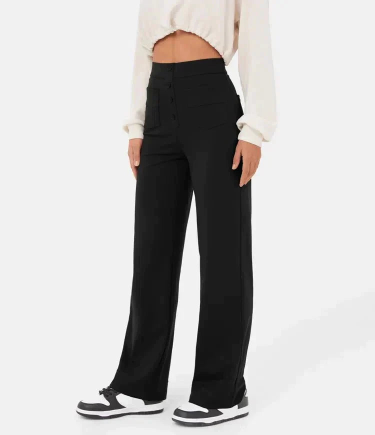 Pantalon féminin à haute teneur en taille avec boutonnage et élastique
