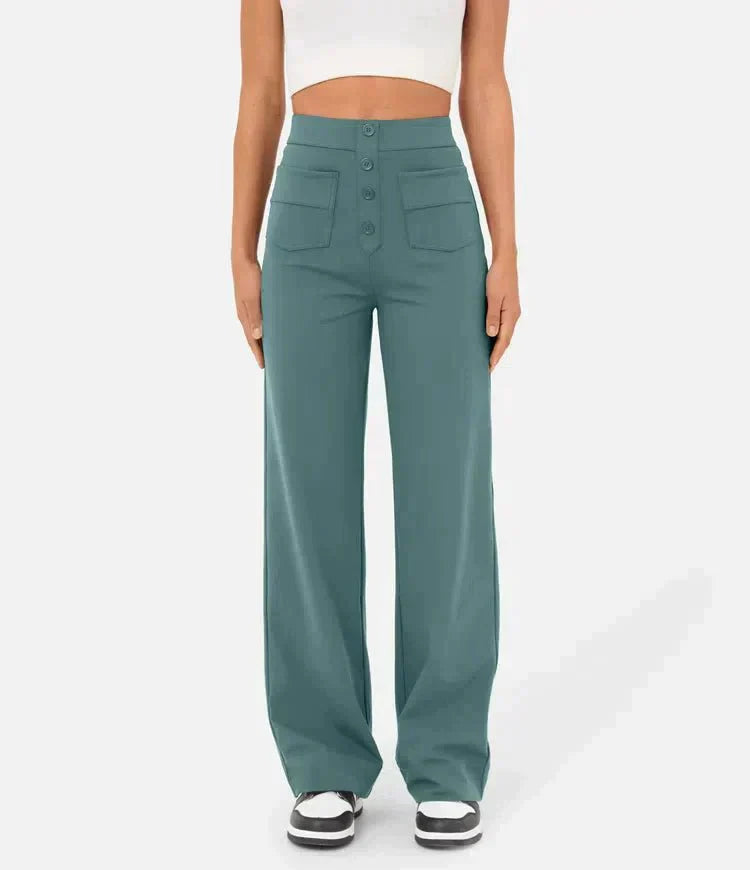 Pantalon féminin à haute teneur en taille avec boutonnage et élastique