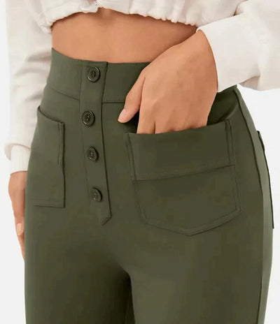 Pantalon féminin à haute teneur en taille avec boutonnage et élastique