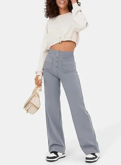 Pantalon féminin à haute teneur en taille avec boutonnage et élastique
