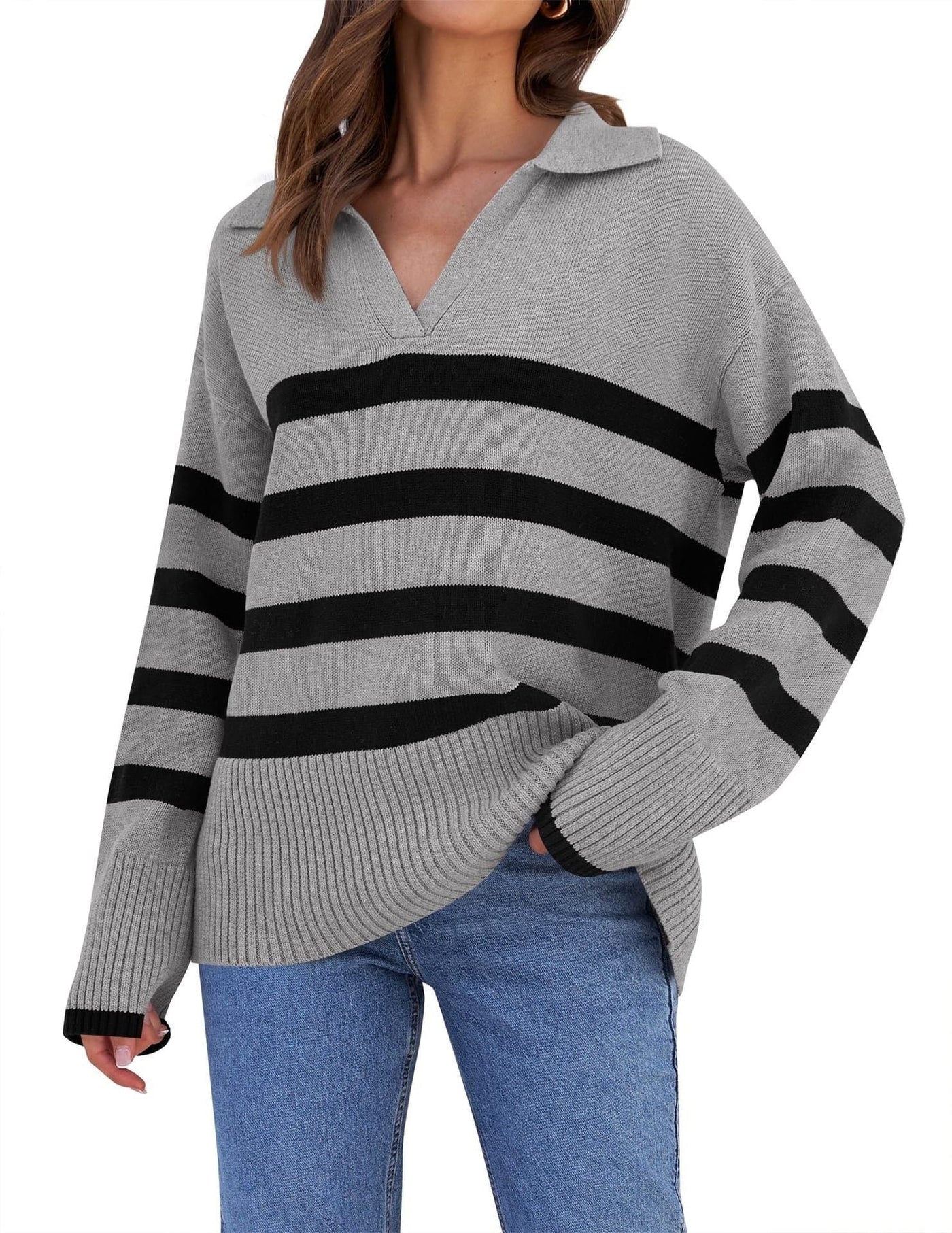 Suéter de punto con cuello a rayas para mujer | Perfecto para todas las estaciones 