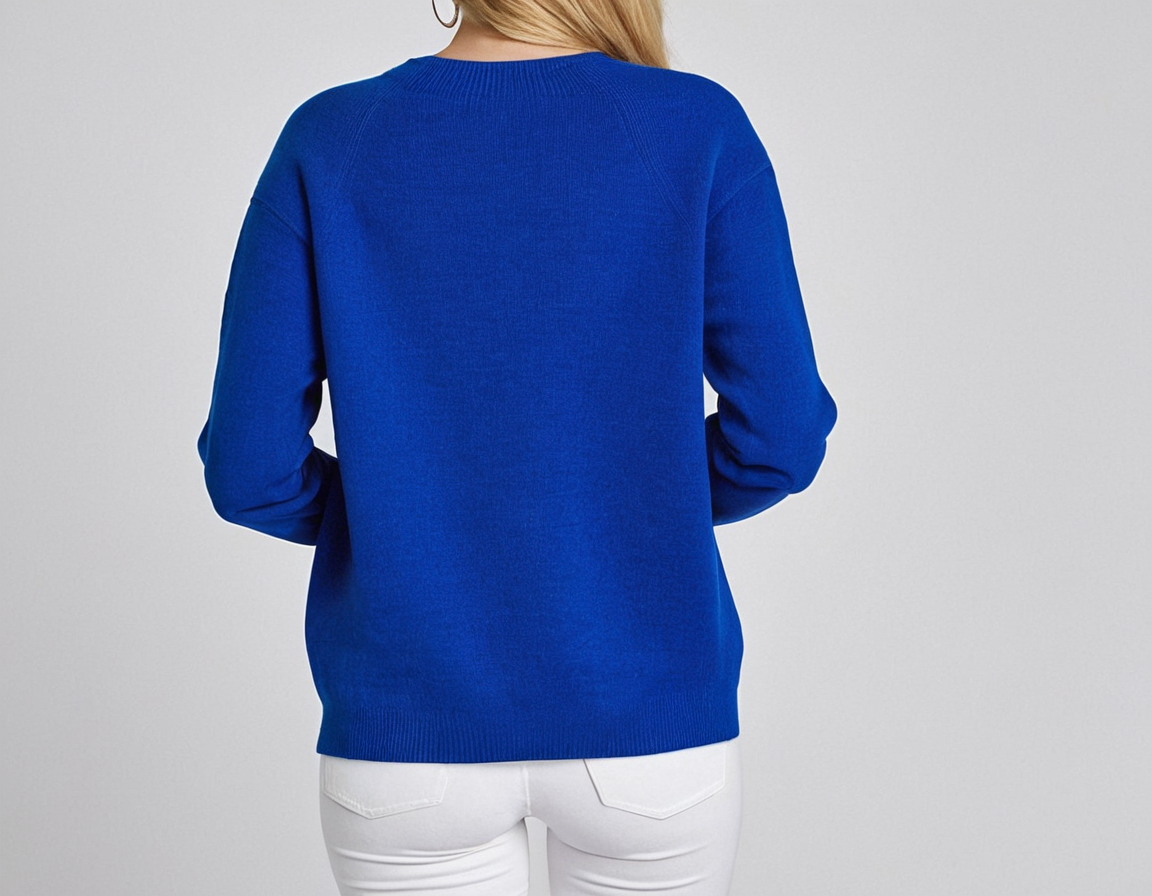 Suéter de cuello redondo azul liso con mangas largas