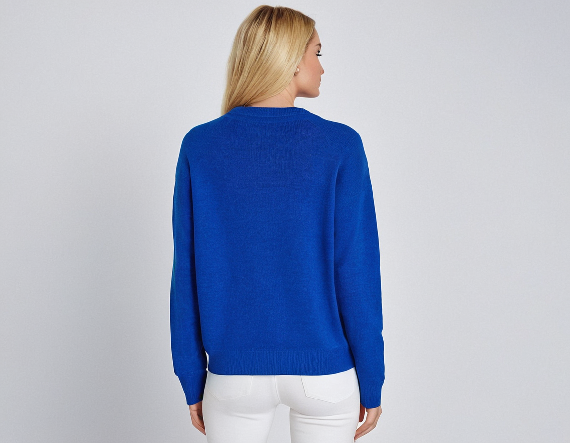 Suéter de cuello redondo azul liso con mangas largas
