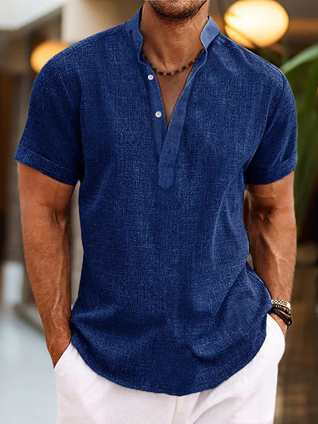 Camicia Silas da uomo in lino - Camicia estiva traspirante con colletto Henley e maniche corte