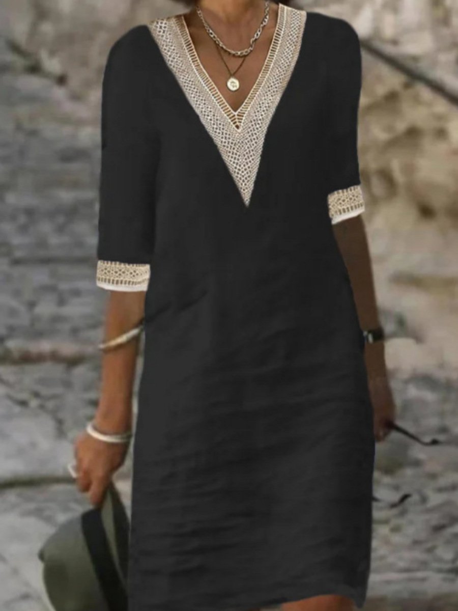 Elegante vestido de mezcla de lino con escote en V y ribete de encaje.