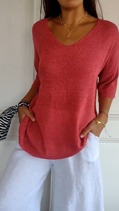 Haut en tricot simple et ajusté à col en V pour femme