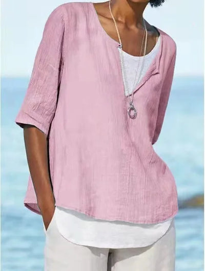 Elegante blusa de lino blanco con cuello redondo para mujer - Tamera
