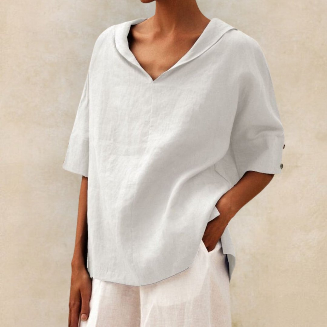 Camisa informal de lino con cuello en V para mujer: blusa holgada para uso diario