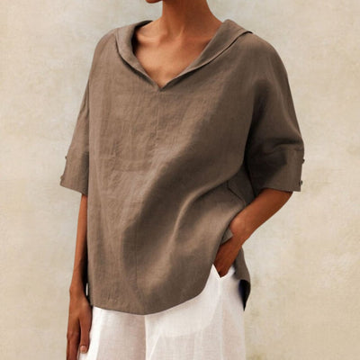Camisa informal de lino con cuello en V para mujer: blusa holgada para uso diario