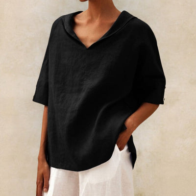 Camisa informal de lino con cuello en V para mujer: blusa holgada para uso diario