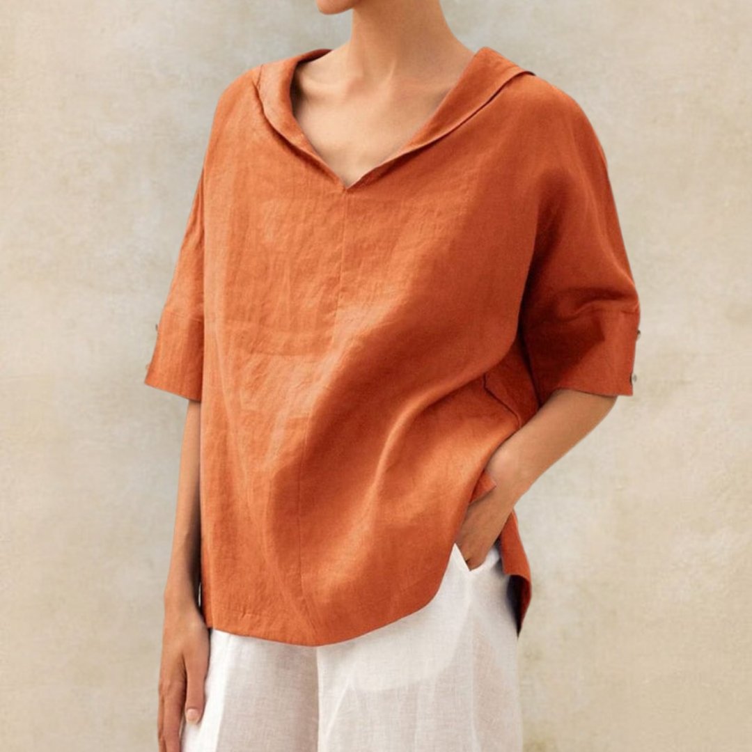Camisa informal de lino con cuello en V para mujer: blusa holgada para uso diario